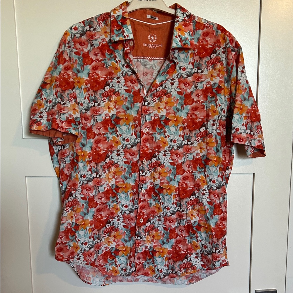 Bugatchi Uomo Orange Floral Short-Sleeve Shaped Fit Shirt XXL